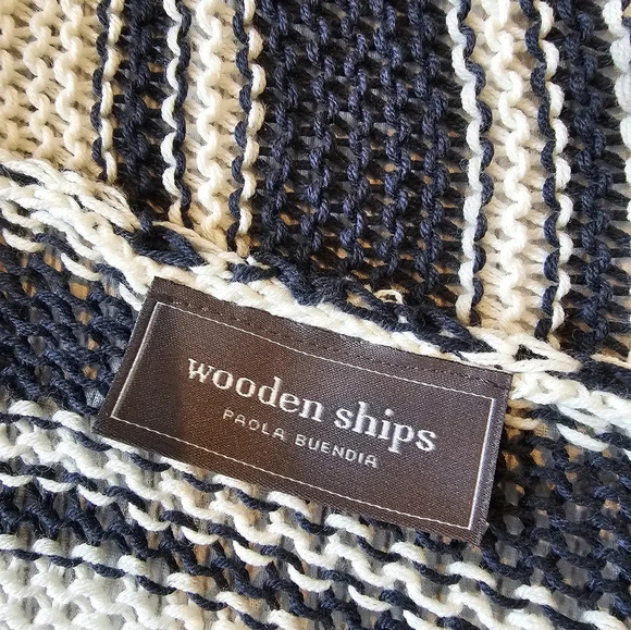 Wooden Ships •Size M-L• Longline Open Knit Cardigan Navy Blue & White Anthro - Picture 6 of 7